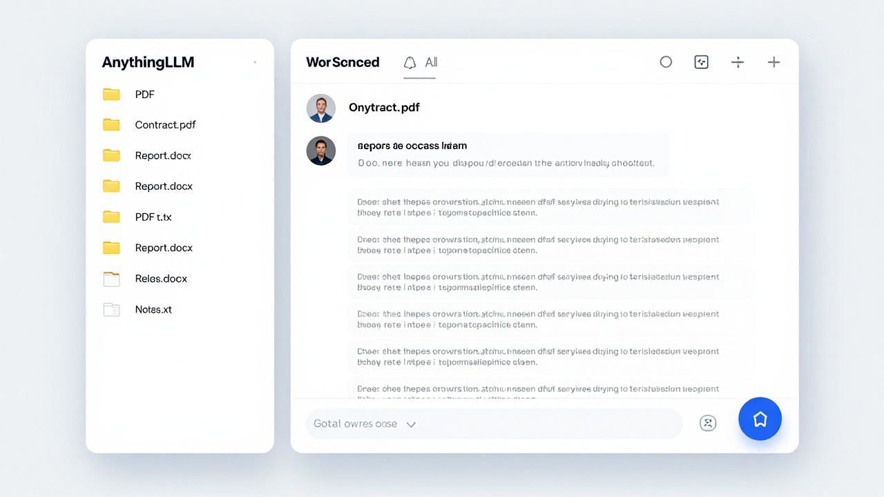 AnythingLLM document Q&A application with workspace showing uploaded files and chat interface for querying documents