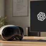 Apple Vision Pro headset alongside OpenAI logo, representing executive defection from Apple to OpenAI hardware team