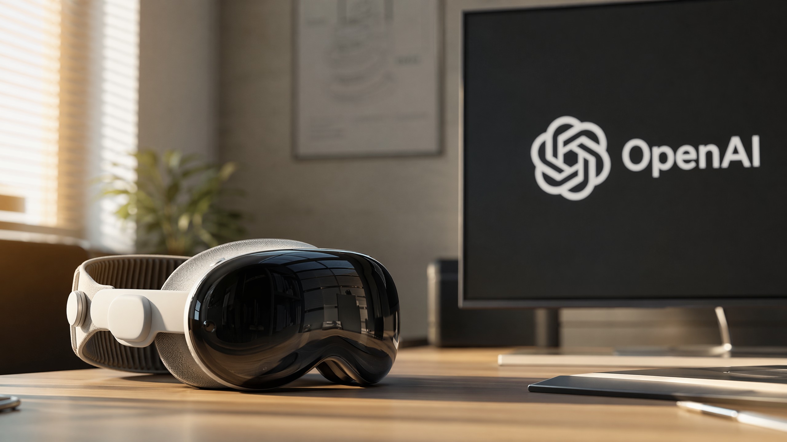 Apple Vision Pro headset alongside OpenAI logo, representing executive defection from Apple to OpenAI hardware team