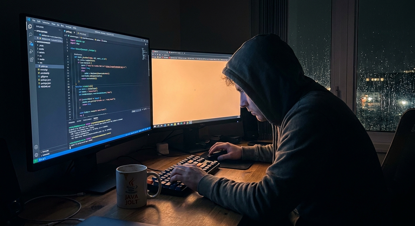 developer working late at night with AI code completion tool