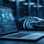 AI robot hand reaching toward laptop, cybersecurity concept