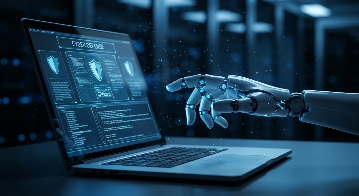 AI robot hand reaching toward laptop, cybersecurity concept