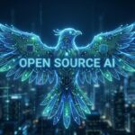 bird made of digital circuits and code, open source AI concept