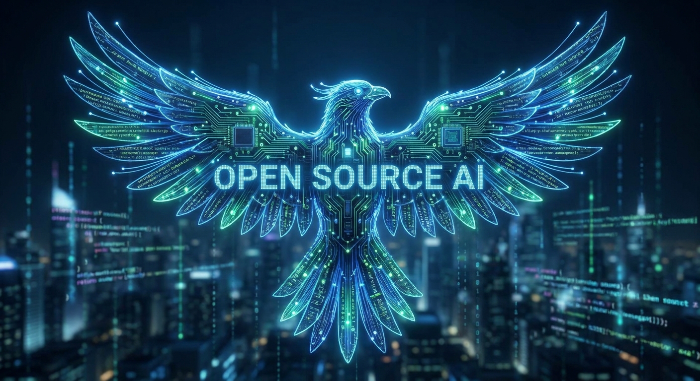 bird made of digital circuits and code, open source AI concept
