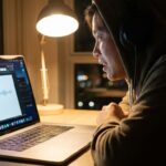 person talking to laptop with voice dictation