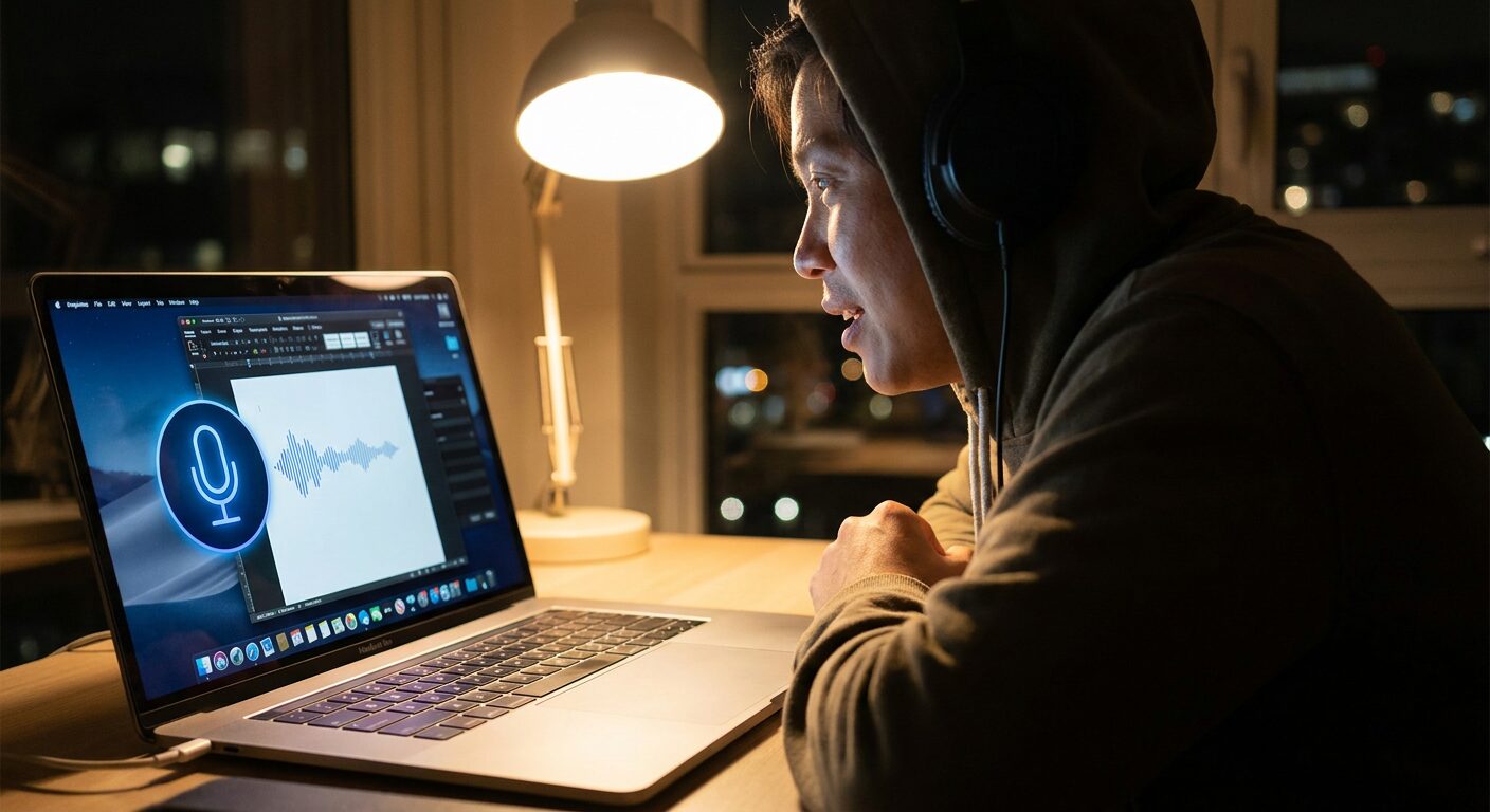 person talking to laptop with voice dictation
