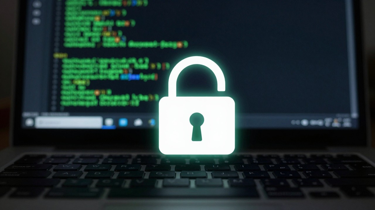 Code on screen with security lock, dark keyboard