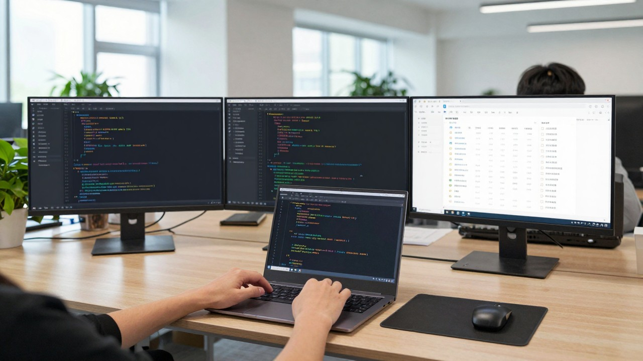 Developer writing code with multiple screens in modern office