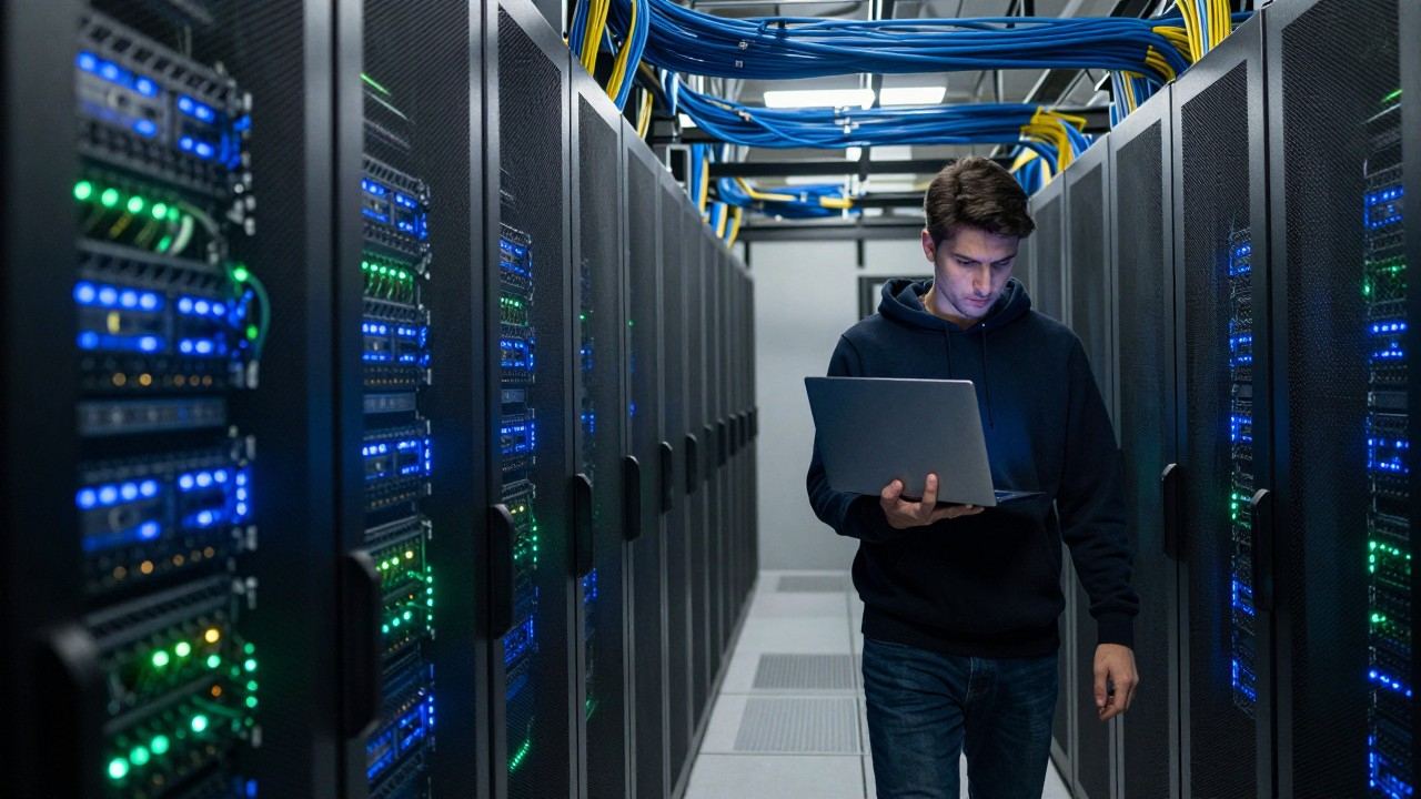 Data center corridor with server racks