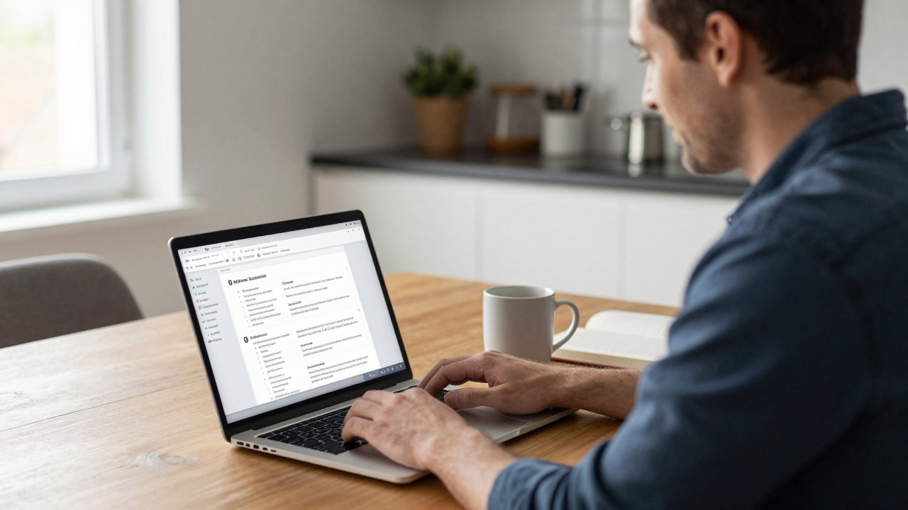 Professional working on job applications at kitchen table
