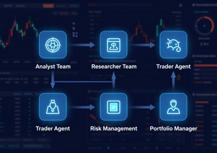 Multi-agent AI trading system dashboard with five agent nodes
