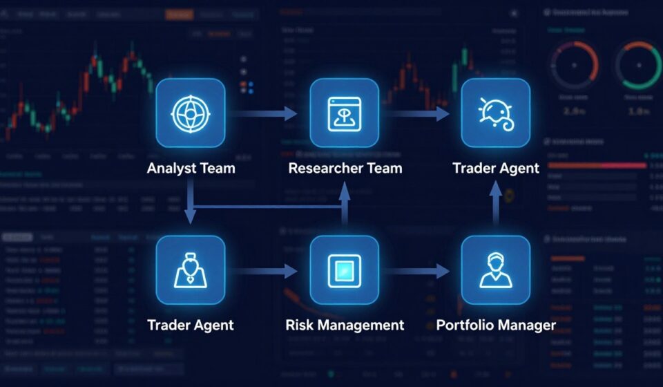 Multi-agent AI trading system dashboard with five agent nodes