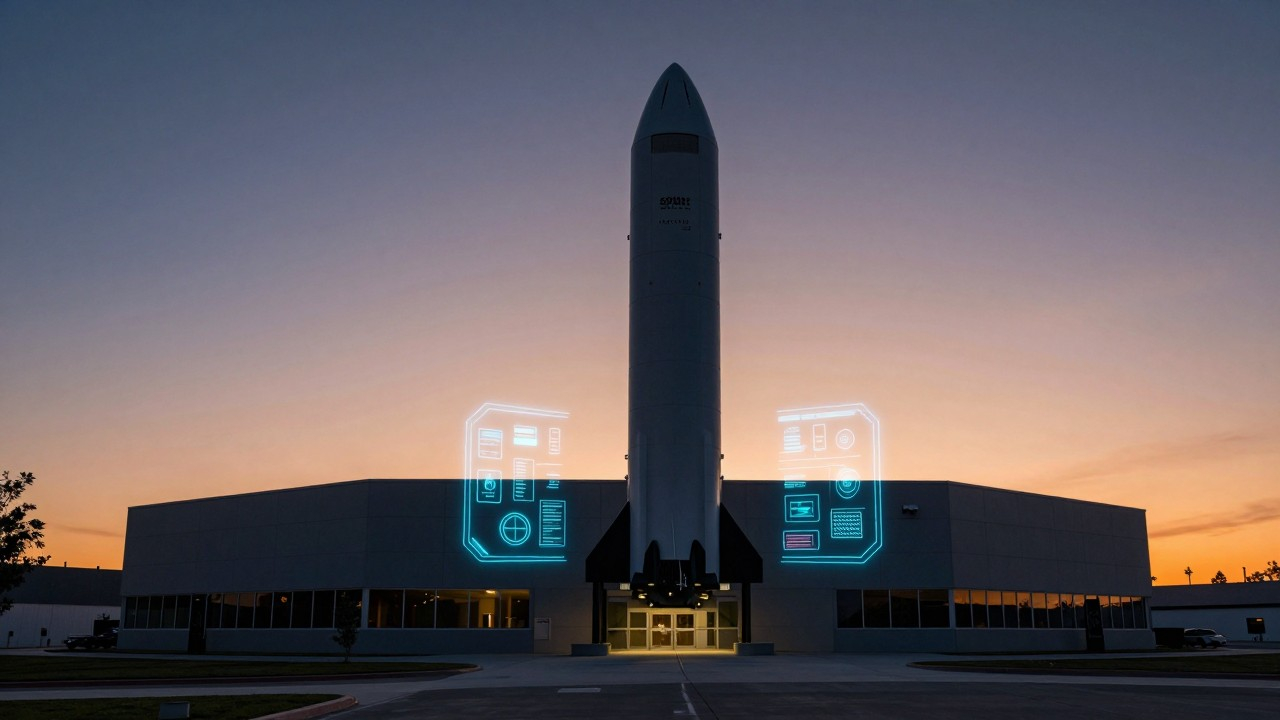 SpaceX headquarters at dusk with AI device prototype