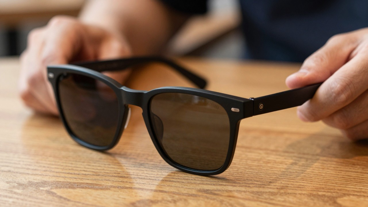 Close-up of Ray-Ban Meta smart glasses on cafe table