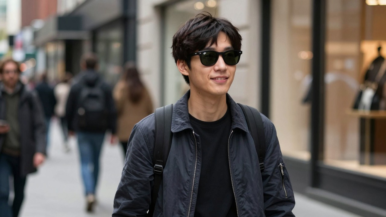 A person wearing stylish Ray-Ban Meta smart glasses on a busy city street