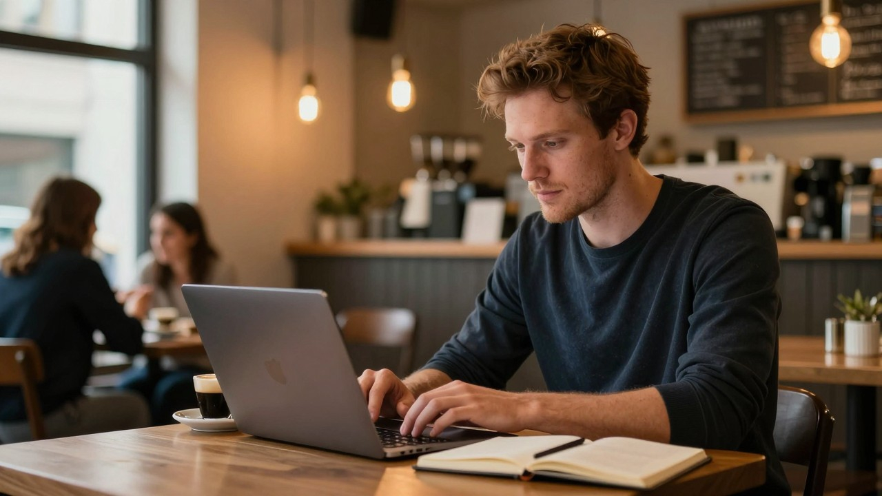 Programmer working with AI assistance in coffee shop