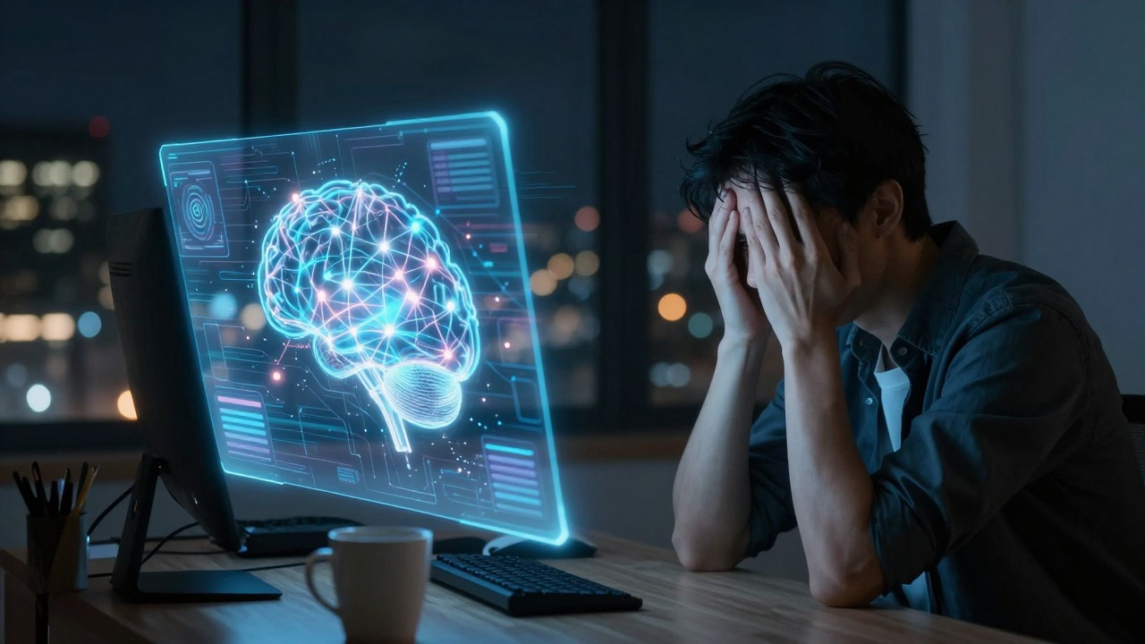 Person frustrated with AI assistant at late night